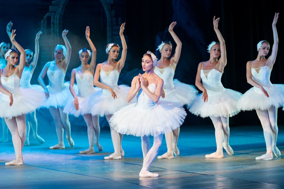 Elegant ballerinas performing Swan Lake ballet on stage in classic tutus