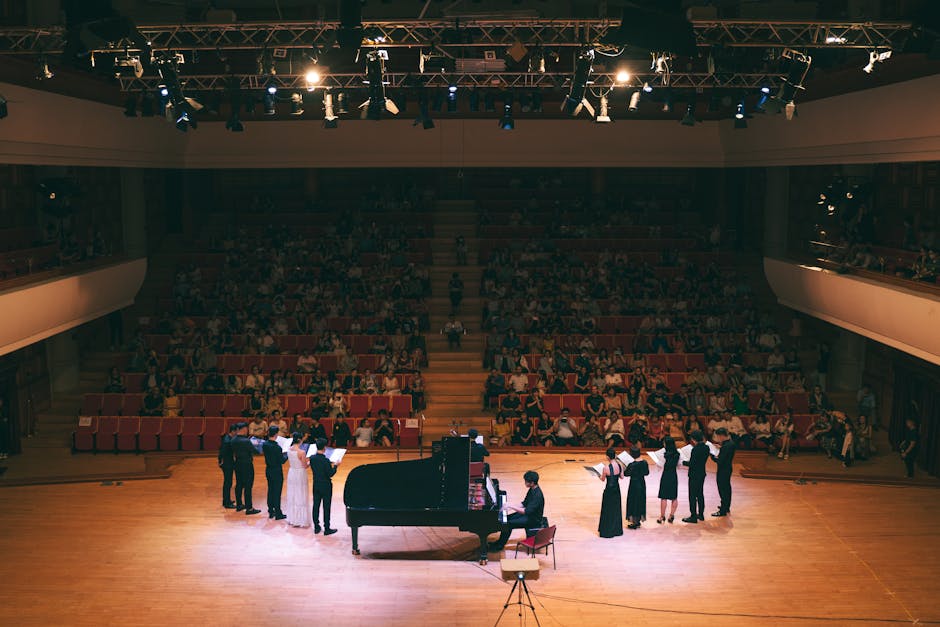 Vibrant classical music concert with pianist and singers on stage