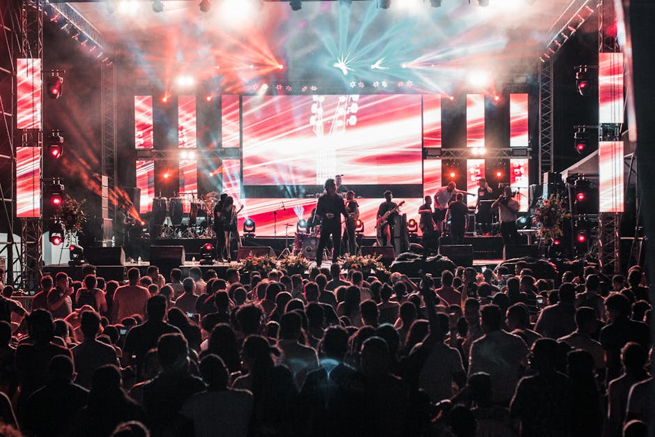 Vibrant outdoor concert event in Santa Marta with a lively crowd and colorful lighting effects